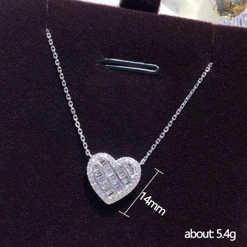 Hollow Heart Mixed Baguette and Round Stone Halo Pendant Women Cable Chain Clavicle Necklace