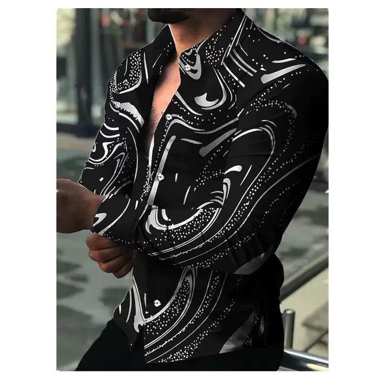 Men's Shirt Fashion Vintage Street Texture Print Shirt Men's Long Sleeve Lapel Shirt
