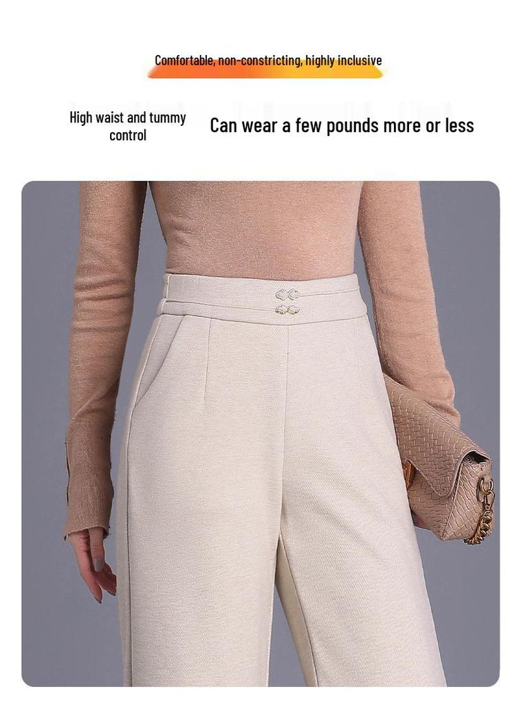 Women's 2025 Winter High-Waisted Woolen Silk Cotton Wide-Leg Pants: Loose, Warm, Drape, Hip-Covering Straight-Leg Design