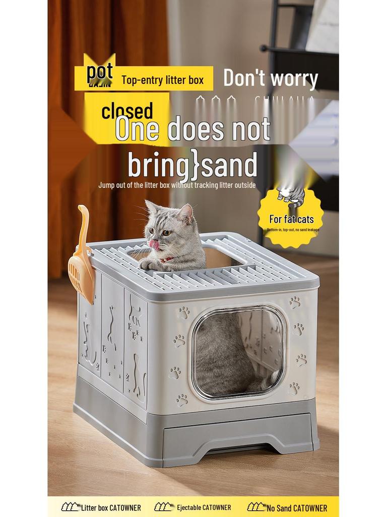 Extra Large Enclosed Cat Litter Box with Deodorizing, Anti-Splash, Foldable Pull-Out Design
