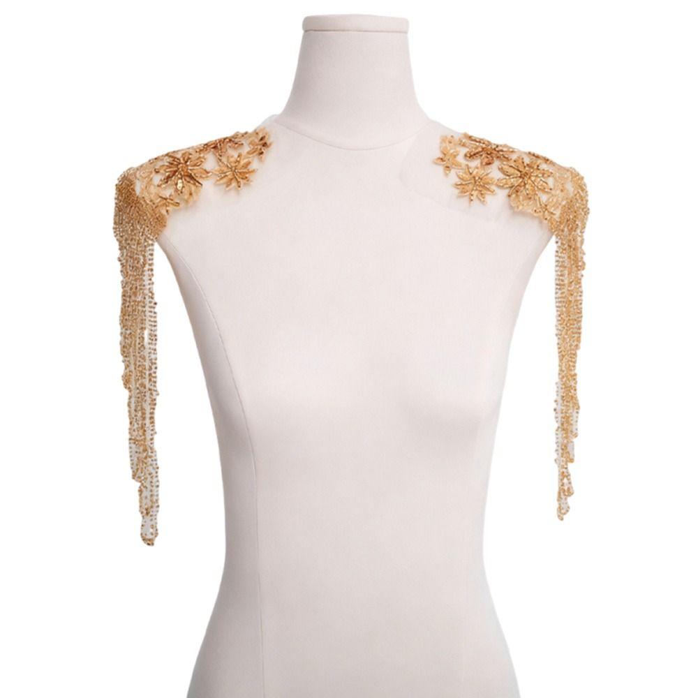 White Gold Color Shoulder Decoration Beaded Sequins Lace Handmade Shoulder Patches Tassel Chain Gold Embroidery Shoulder Strap