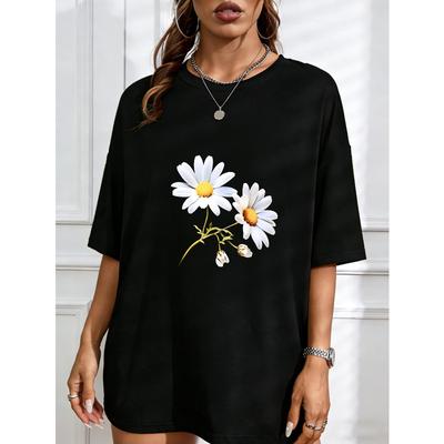 White Short Sleeve T Shirt With Daisy Flower Print For Casual Wear