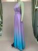 2025 Women's Gradient Deep V Evening Gown - European/American Style with Waist-Gathering & Big Swing