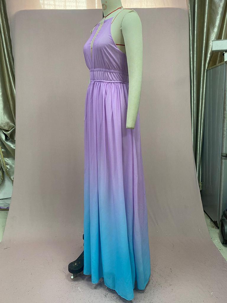 2025 Women's Gradient Deep V Evening Gown - European/American Style with Waist-Gathering & Big Swing