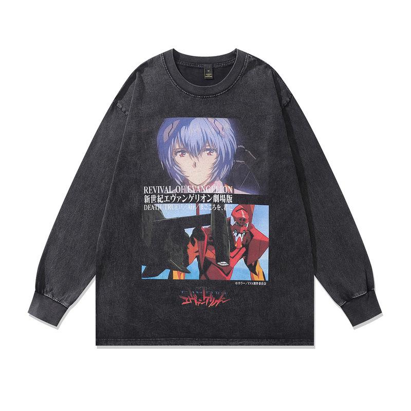 Heavy Weight Cotton Long-Sleeved T-Shirt For Men And Women, Dark Cartoon Print Fried Color, Retro Bottoming Pullover Sweater