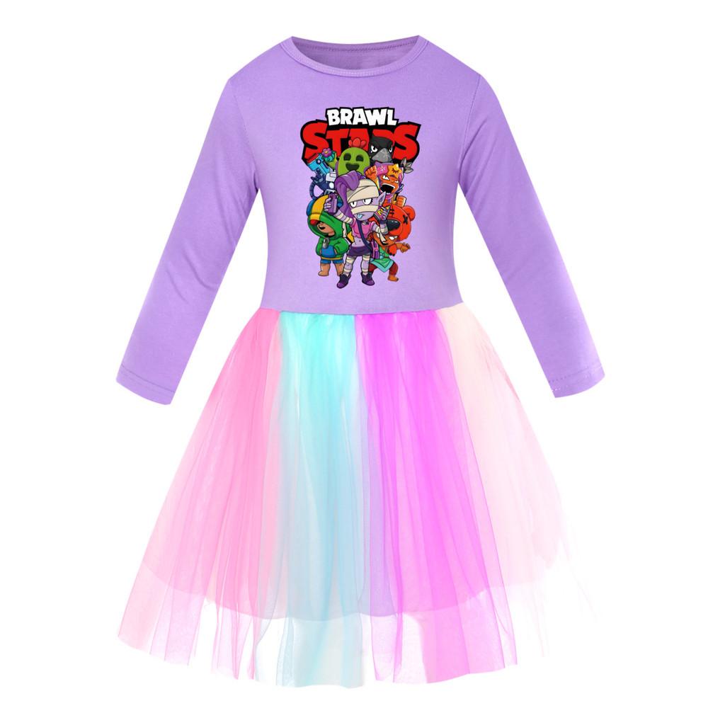 4094 Girls Brawl Stars Print Mesh Rainbow Princess Dress