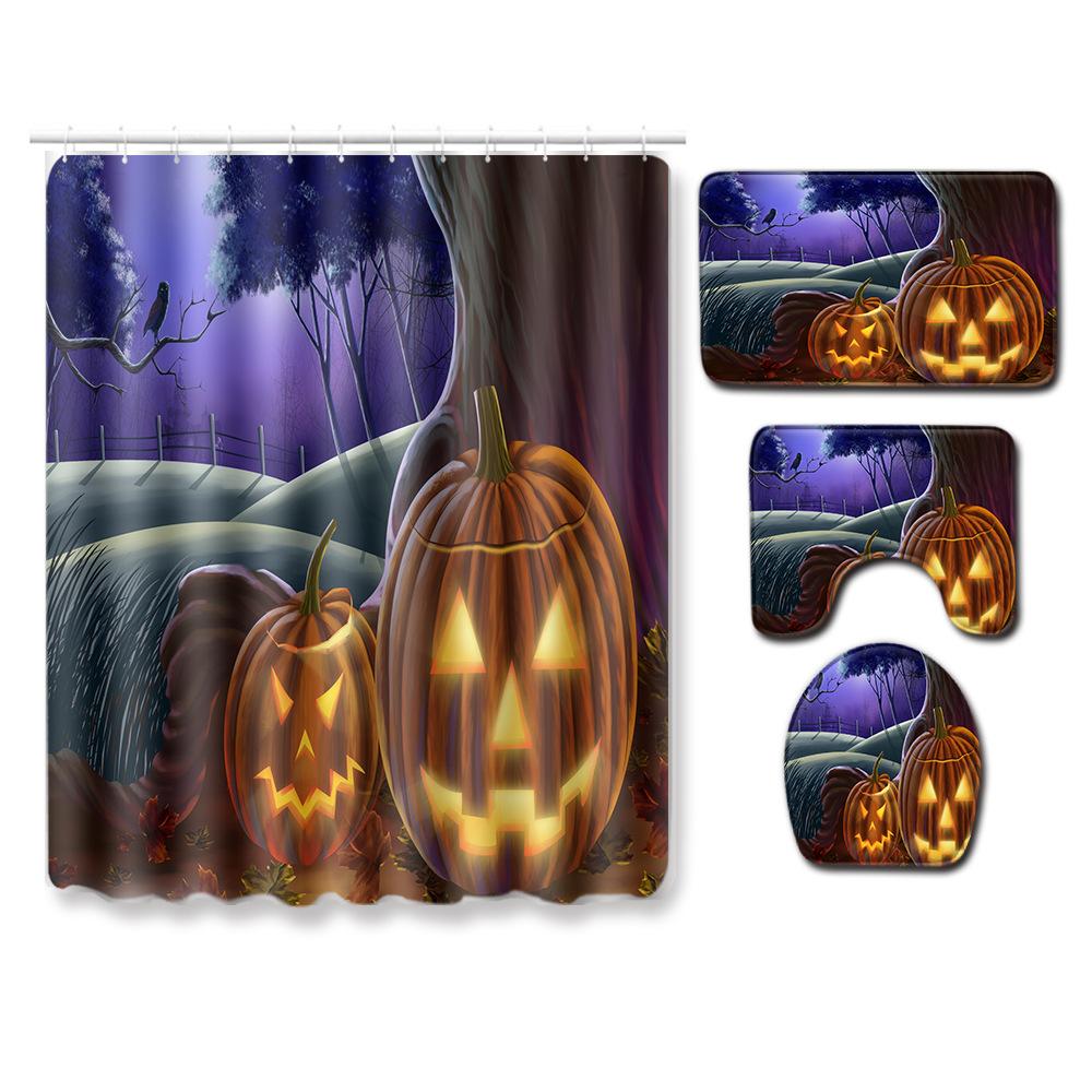 Halloween Series Bathroom Shower Curtain Floor Mat Toilet Cover Foot Mat Four-Piece Set