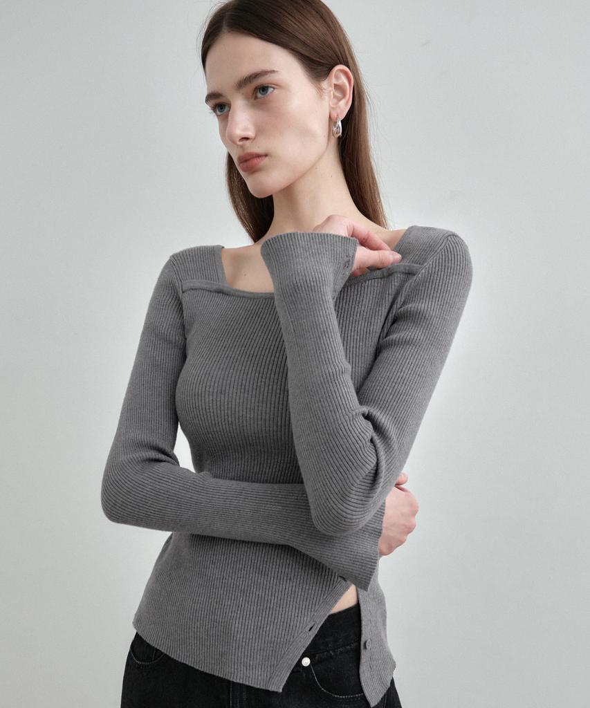 MONGDOL Square Neck Layered Diagonal Button Ribbed Knit Top Mdkt123_6 Colors