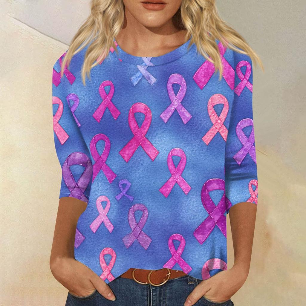 Women's Fashion Casual Seven Split Sleeve Printed Loose Round Neck Top