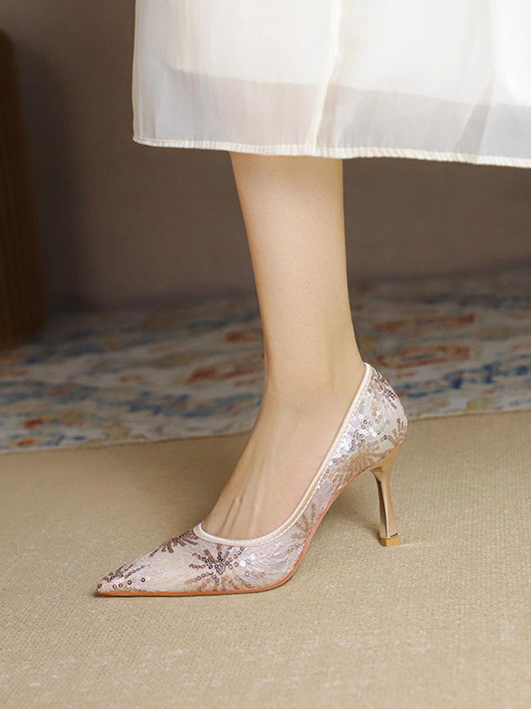 Fashion 2025 New Style Sparkling Mesh High Heels Women's Pointed Shallow Mouth Fine Single order Shoes Versatile Wedding Shoes