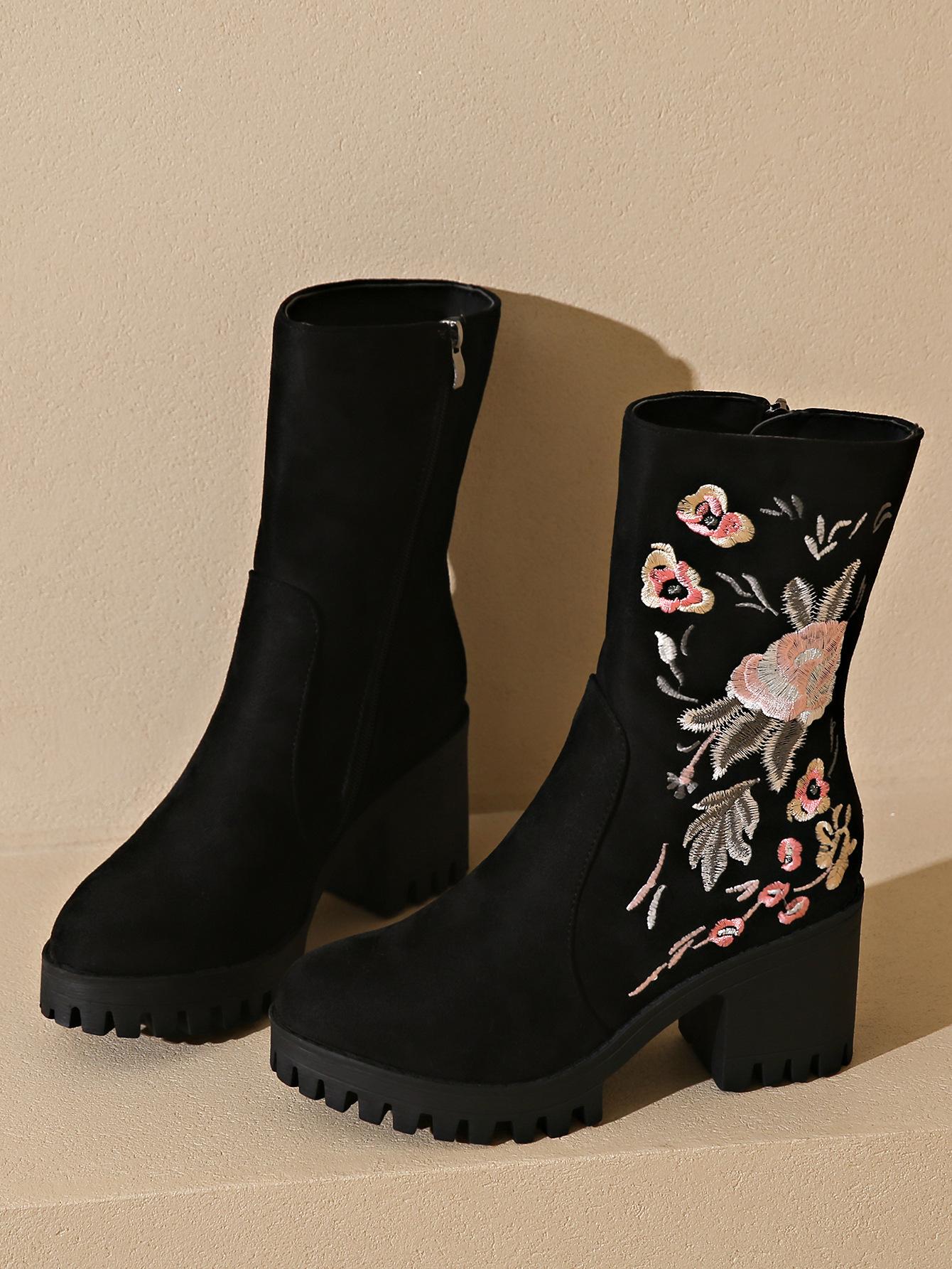 

Pointed thick heel European and American medium boots women s autumn embroidery flower high heel fashion boots increase height and look thin 42 чёрный