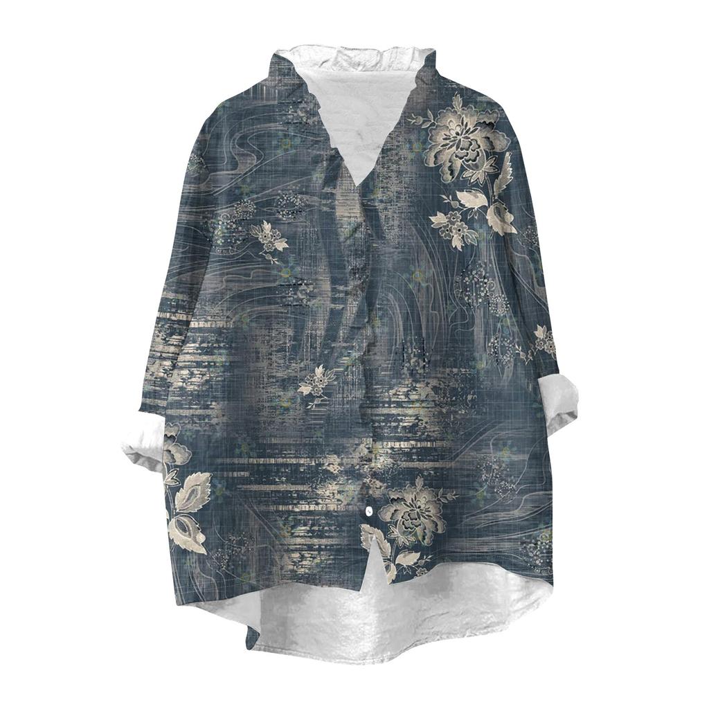 Women's Loose Ruffled Retro Floral Print Stand Collar Long Sleeve Cotton And Linen Top