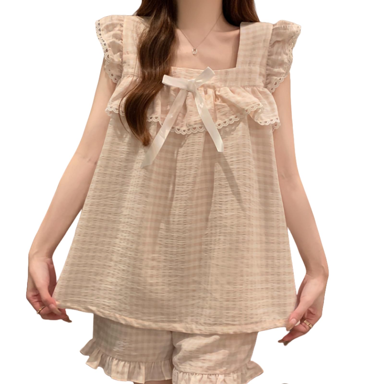 

Catorfarious Sleeveless Top and Bottom Set with Sleeveless Loungewear with Square and Set for Spring and Summer Women s Pajamas, Thin, Cups, Shorts, розовый