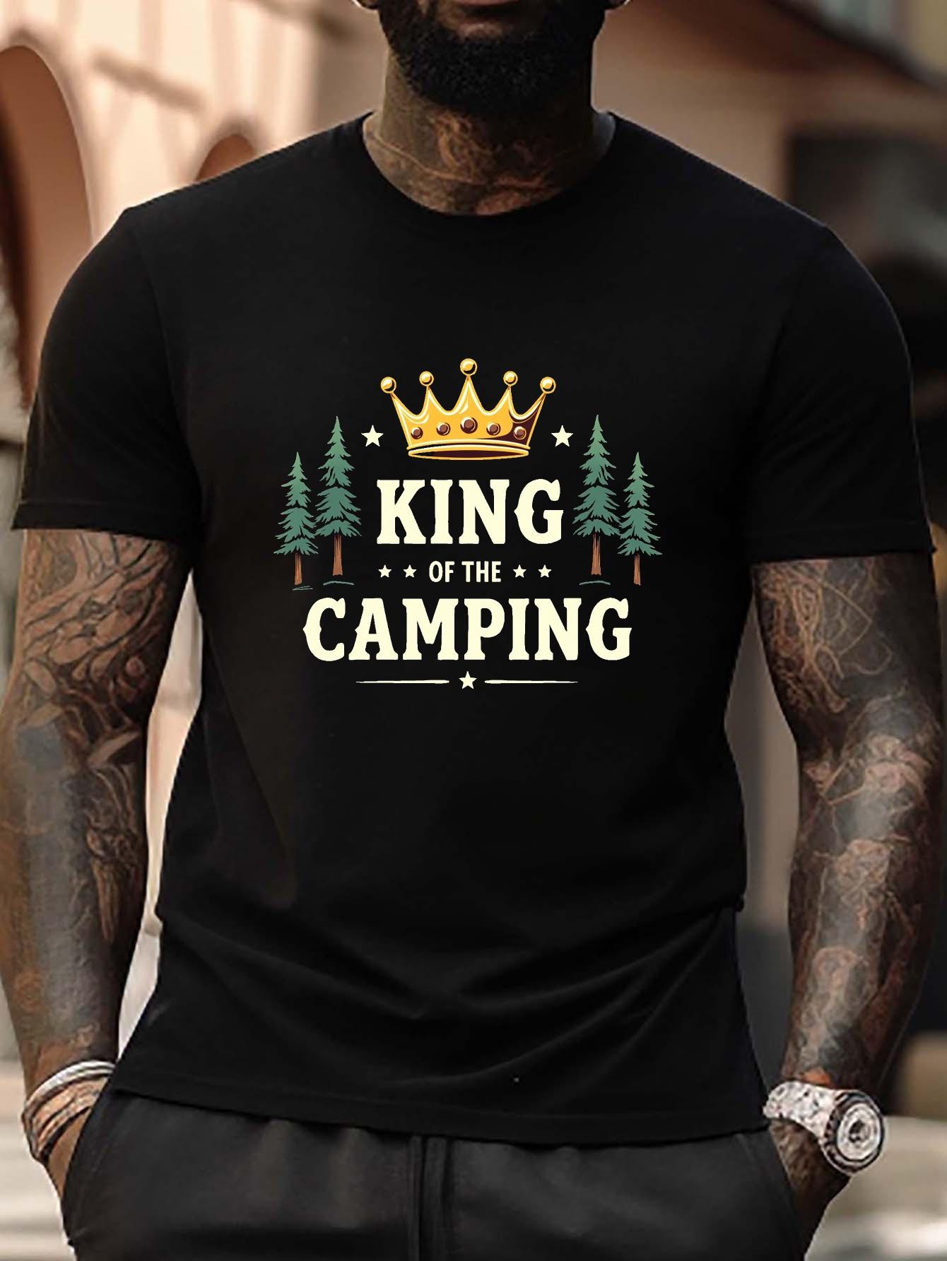 Plus Size King of the Camping Graphic T-shirt - Black with Crown & Pine Trees Design XL