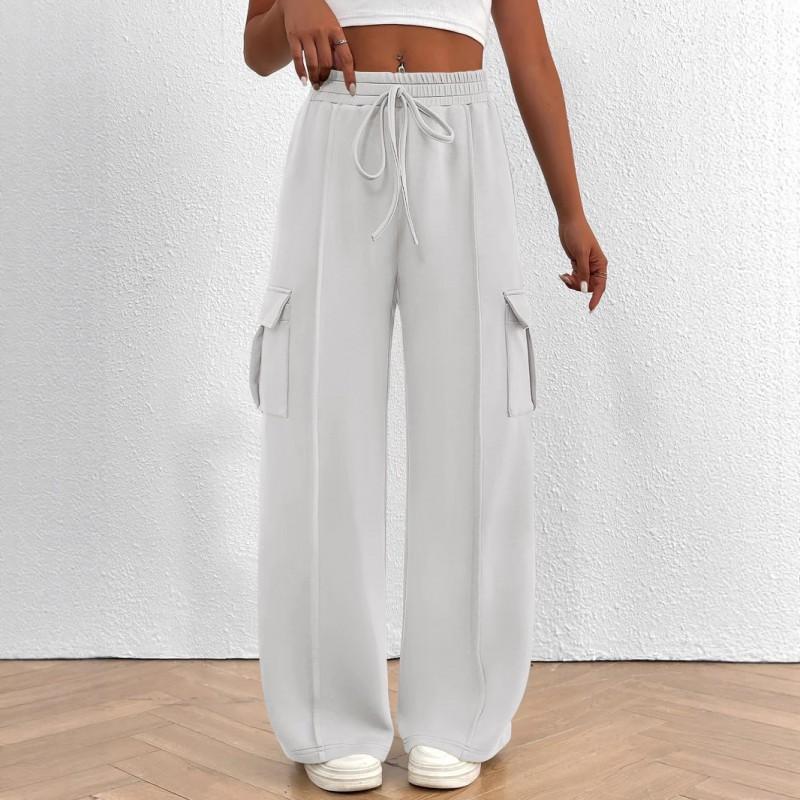 Womens Wide Leg Casual Pants Winter Mid-Rise Loose Fit Joggers With Drawstring Waist Comfortable Everyday Trousers