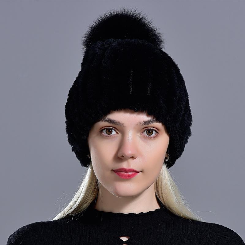Winter Fur Hats for Ladys Women's Rex Rabbit Fur Caps Beanies Solid Elastic Winter Fashion Accessories Fox Fur Pompom Hat