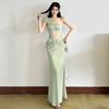 Sexy Design Slanted Shoulder Dress Summer New Hollow Lace Splicing Pleated Waist and Hip Long Dress