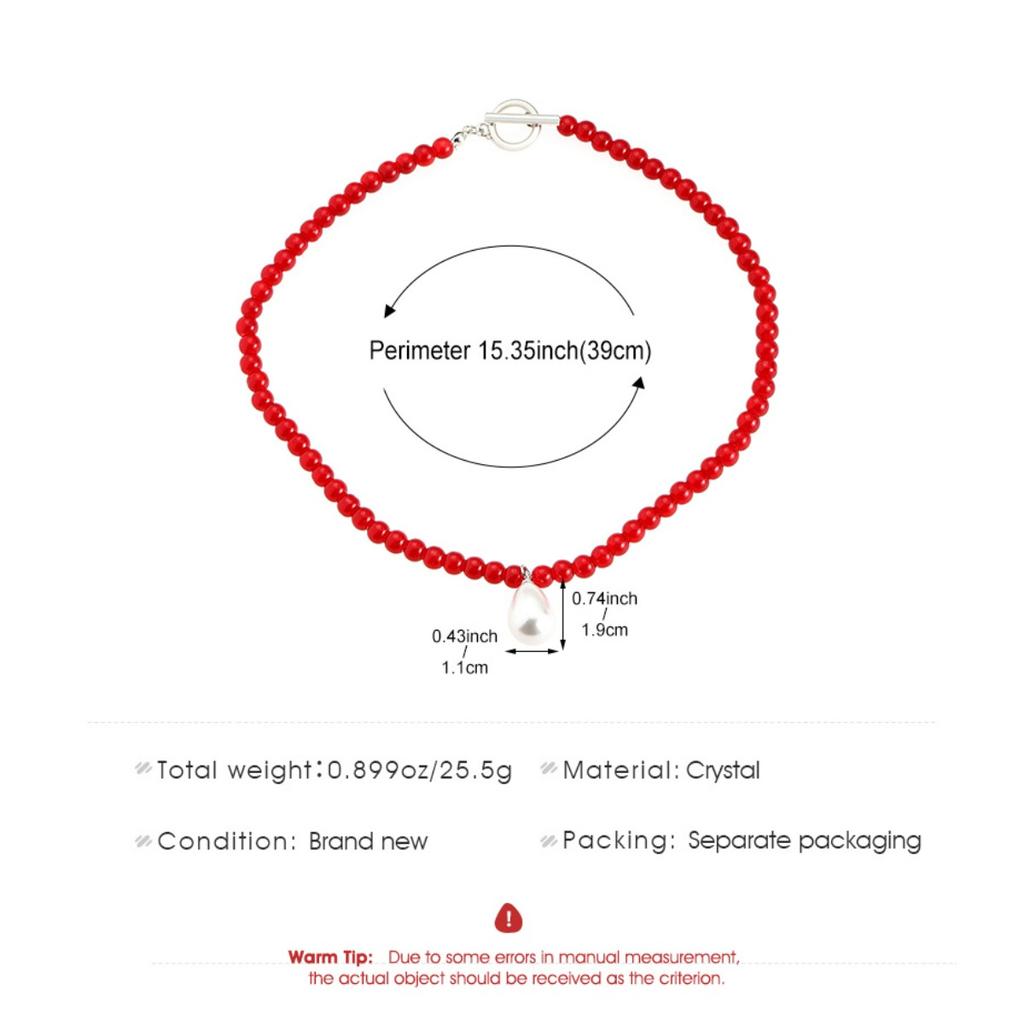 Red Beaded Choker Necklace Teardrop Pearl Pendant Necklace Elegant Short Necklace for Women