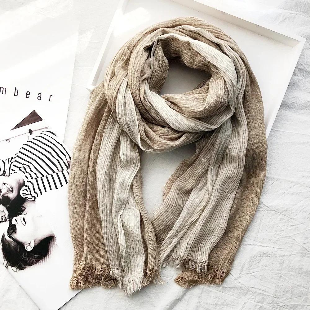 New 190*80cm Artistic Style Striped Cotton Linen Scarf Shawl Men's and Women's Same Style Mori Foulard En Mousseline Scarves