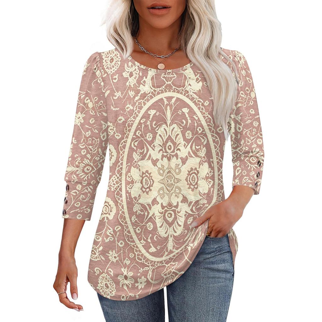 Damen Casual Lockere Passform Dreiviertelarm Oberteil Rundhalsausschnitt Bohème-Print Bluse Leichter Bequemer Stoff Geeignet für den täglichen Gebrauch