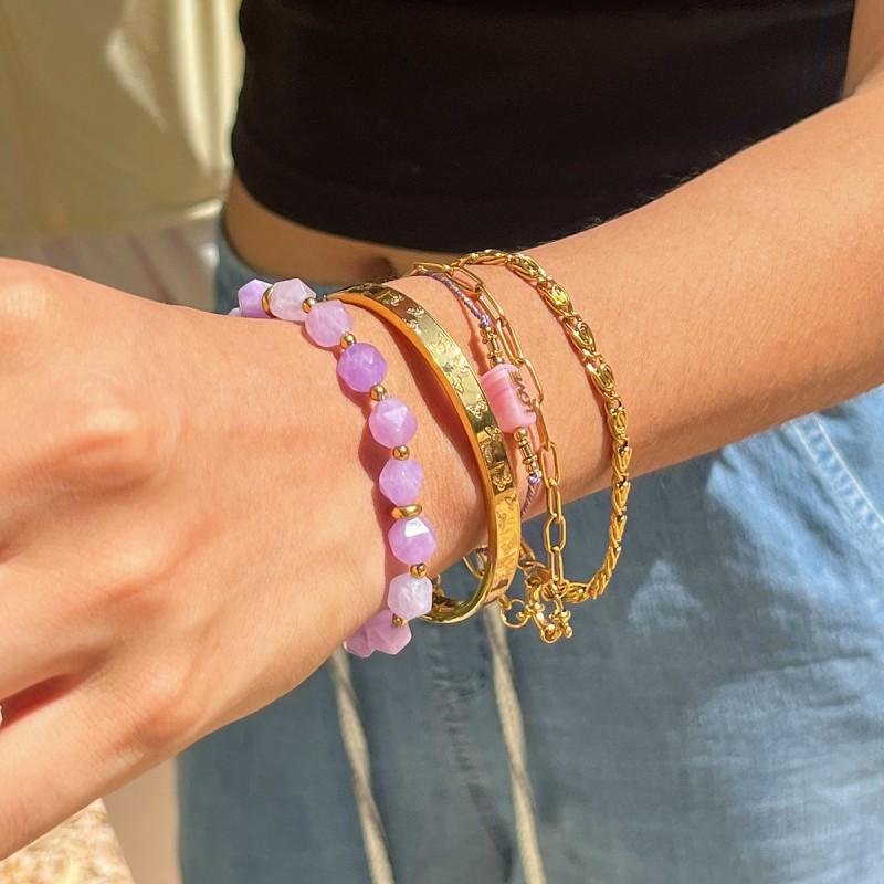 Stainless Steel Layered Bracelet With Amethyst Beads Spacer Balls Geometric Design Womens Fashion Jewelry
