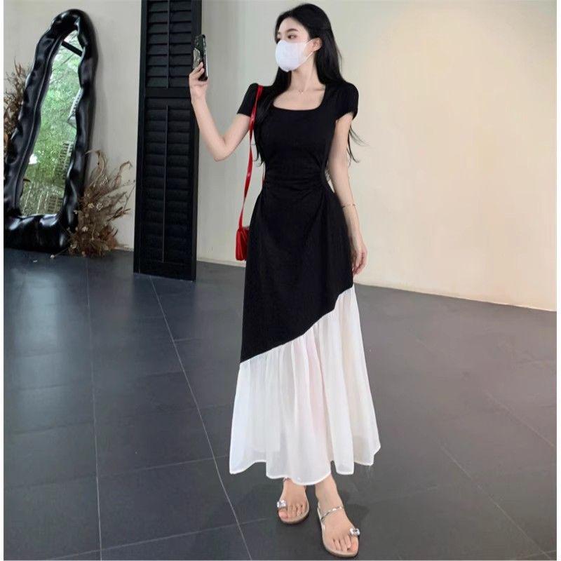 Plus Size Hepburn Style Color Block Summer Dress - Short Sleeve, Waist Slimming, Patchwork Design.