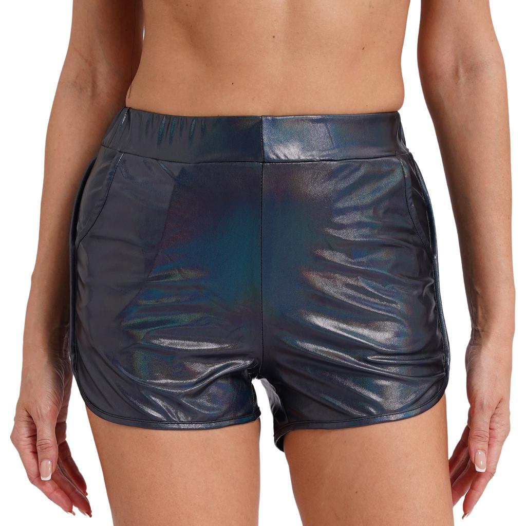 Shorts de Booty Métalliques Brillants pour Femmes Taille Élastique Poches Latérales Shorts Rave
