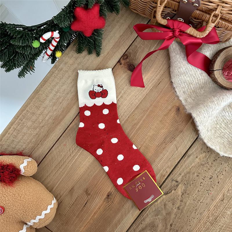 2025 Year of the Snake Red Cat Bow Women's Christmas Socks - Pure Cotton, Kitty Design for Autumn and Winter