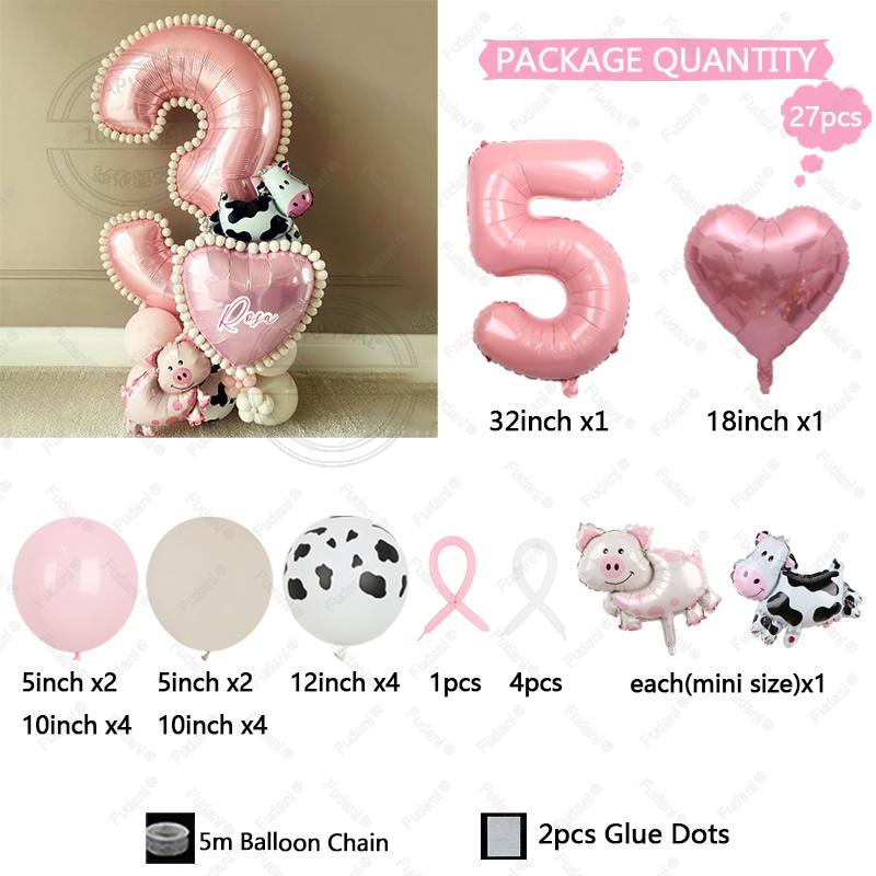 27 szt. Mini Balony Krowa Świnia Różowy Numer Balon Urodzinowy Zestaw Dekoracja Imprezy Tematycznej Zwierzątka Kreskówkowe Artykuły na Festiwal Dziecięcy