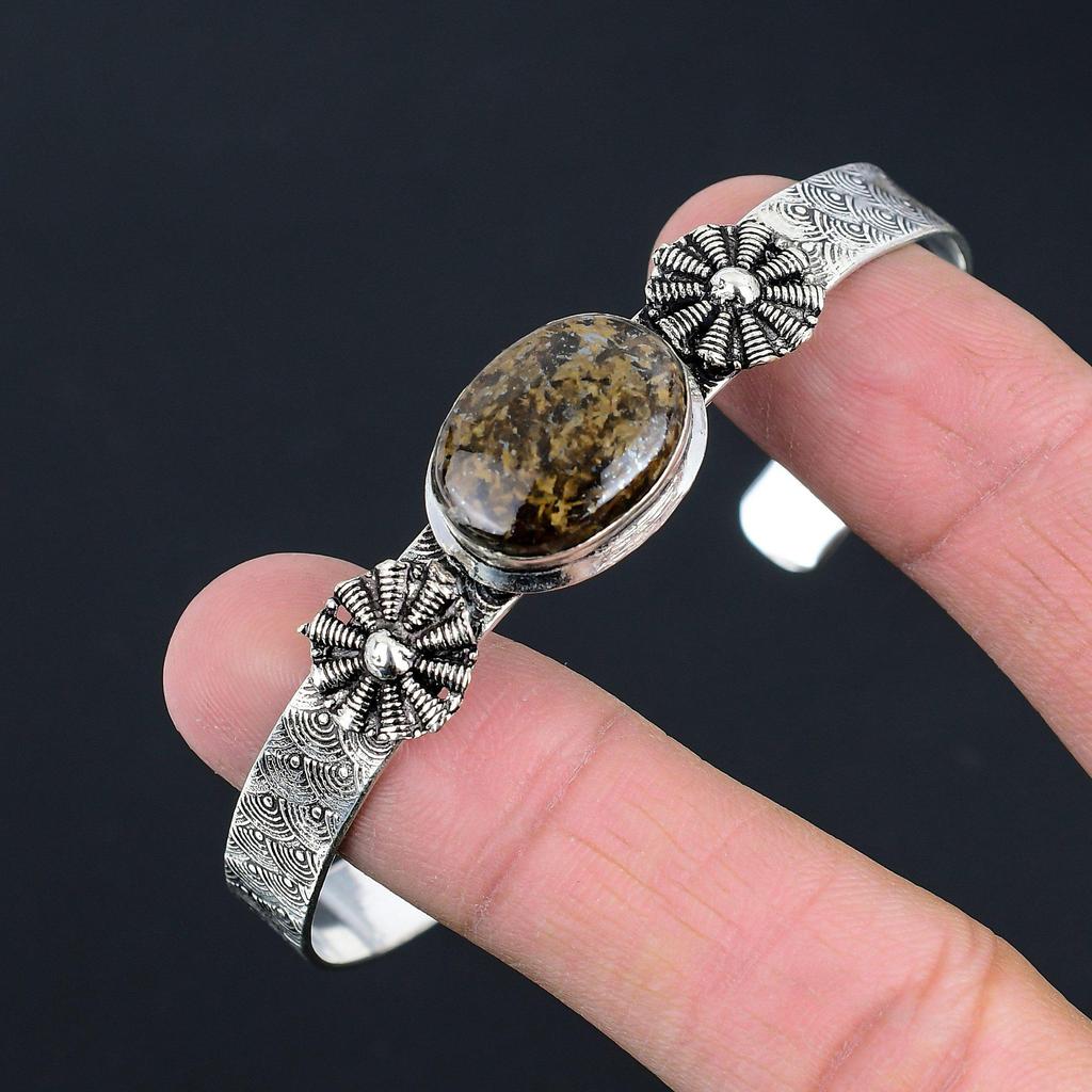 Gift For Women Bangle Adjustable 925 Sterling Silver Natural Bronzite Gemstone