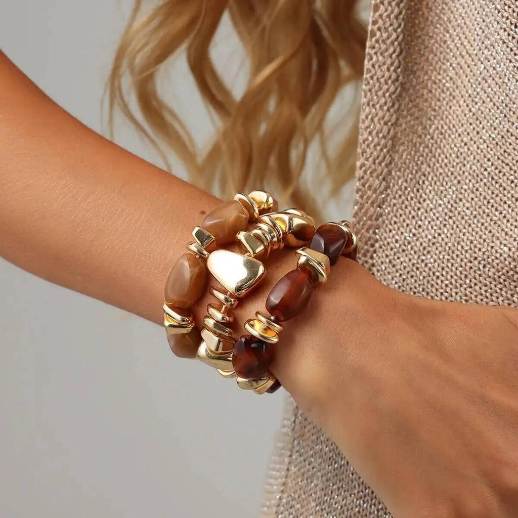 KunJoe 3Pcs/Set Trendy Irregular CCB Beaded Chain Link Resin Bracelets for Women Boho Multilayer Elastic Bangles Jewelry On Hand