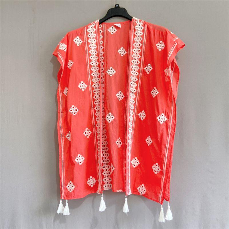 

Export USA Ti * Plus size women clothing Hollow Embroidered Cardigan Shirts Shawl Sun Protection Clothing Airable Shirt Women Shirt Red S/M