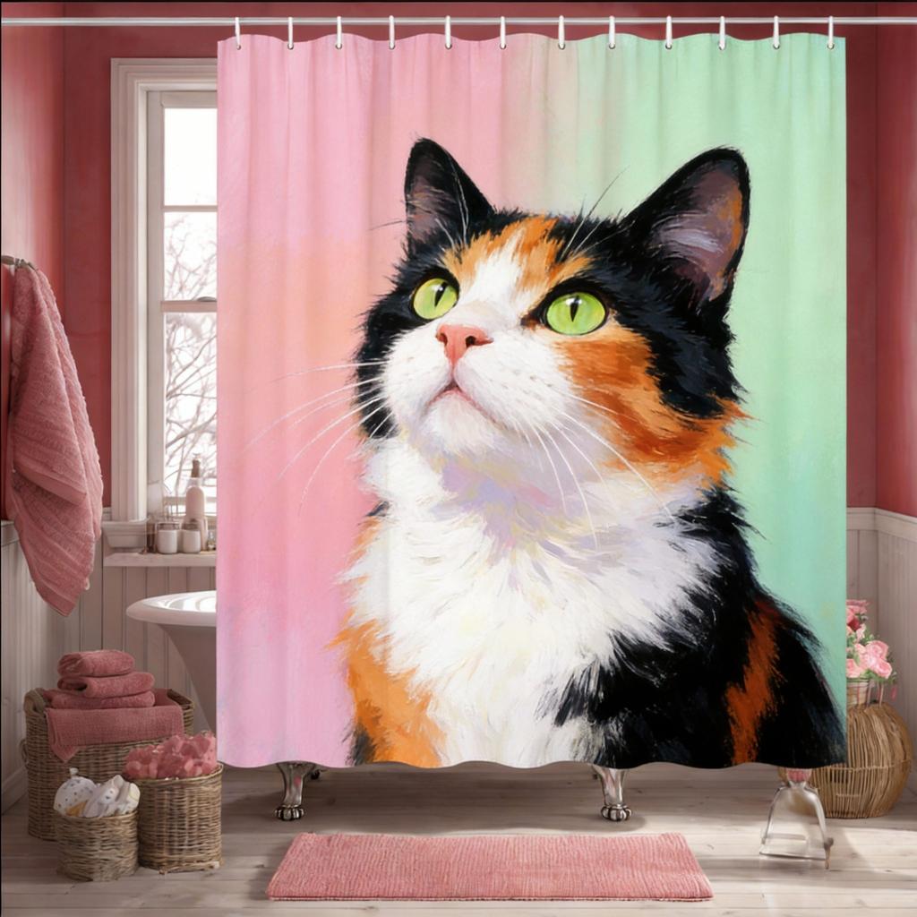 Artistic Black Cat Shower Curtain 1pc – Painted Style with Vibrant Colors, Cute Pet-Themed Bath Curtain for Home and Cat Lovers
