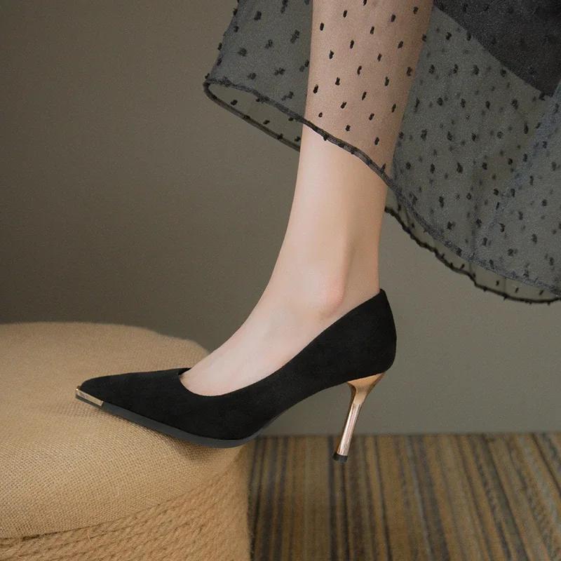Ladies Elegant High Heels Metal Toe Pointed Tip Shallow Mouth Black Heels Suede Spring Autumn Leisure Versatile Womens Shoes