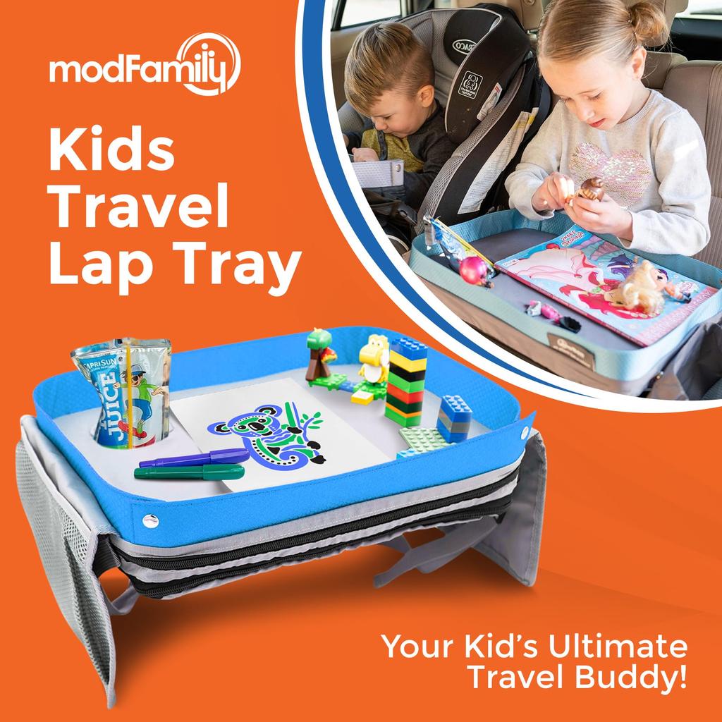 ModFamily Car Child Child Seat Car Back Seat Travel Lap Ages Table, Tray, Table, In-Car Table, Desk, Tray, Blue/Gray, 3+