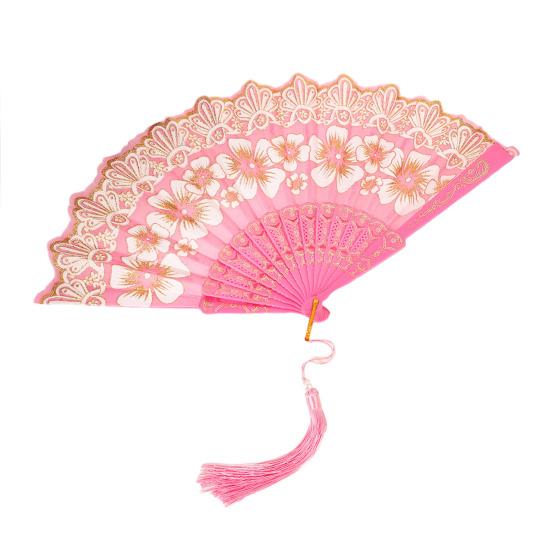 

Chinese Style Flower Folding Fan with Faux Pearl Tassel Portable Plastic Ribs Hand Fan Women Dance Performance Props Party Favors розовый
