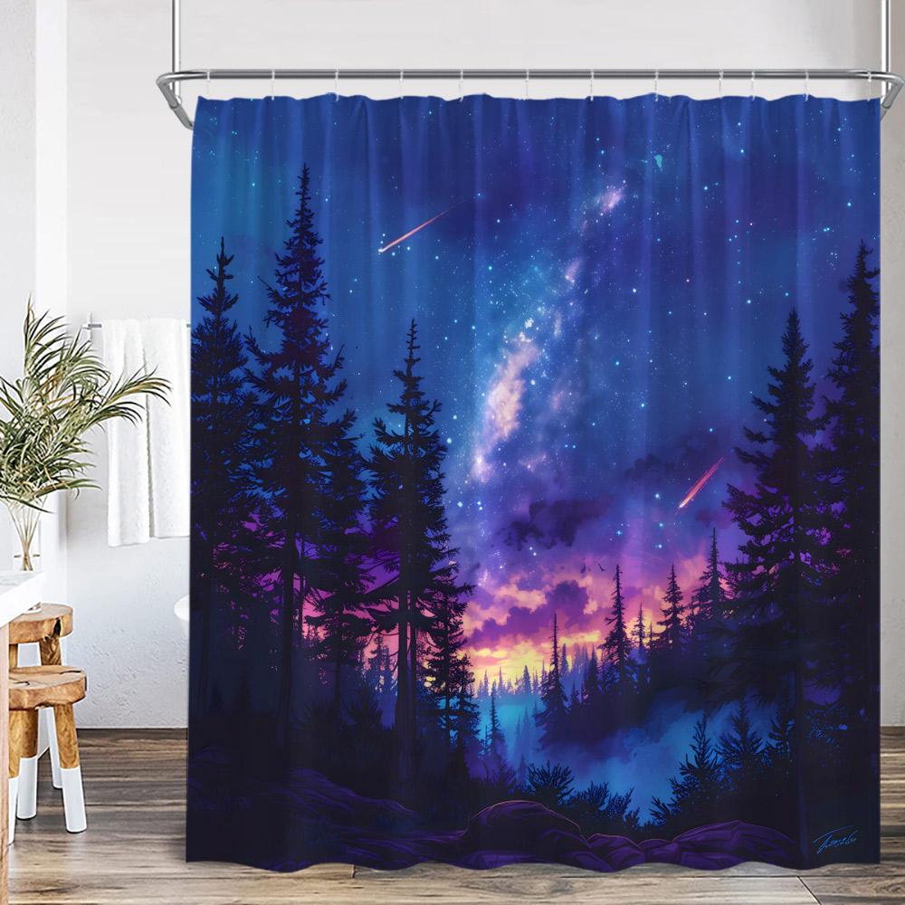 Fantasy Sky Meteor Shower Curtain Full Moon Space Universe Forest Cloud Magic Astrology Polyester Bath Curtain Decor With Hook