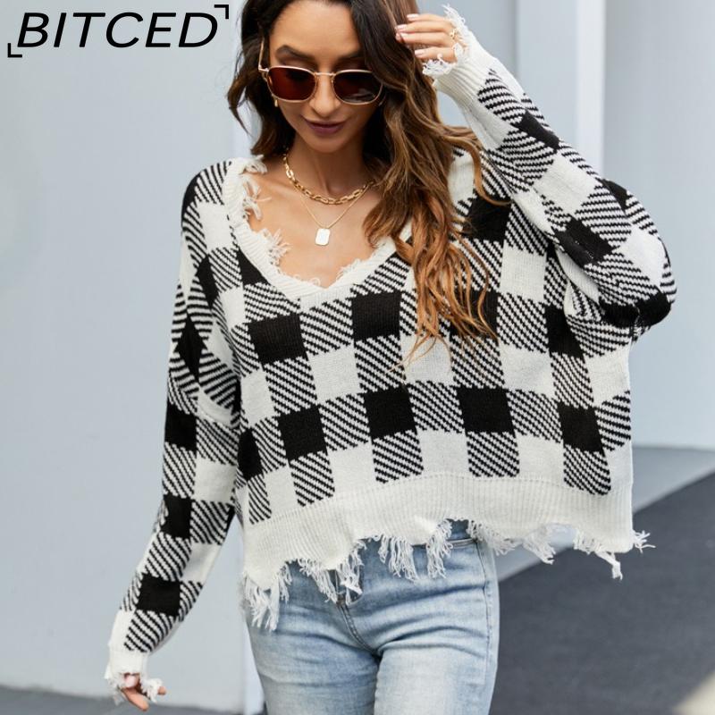 BITCED Women's Oversized Cropped V-Neck Sweater Women's Knit Sweater with Fringe for Fall/Winter