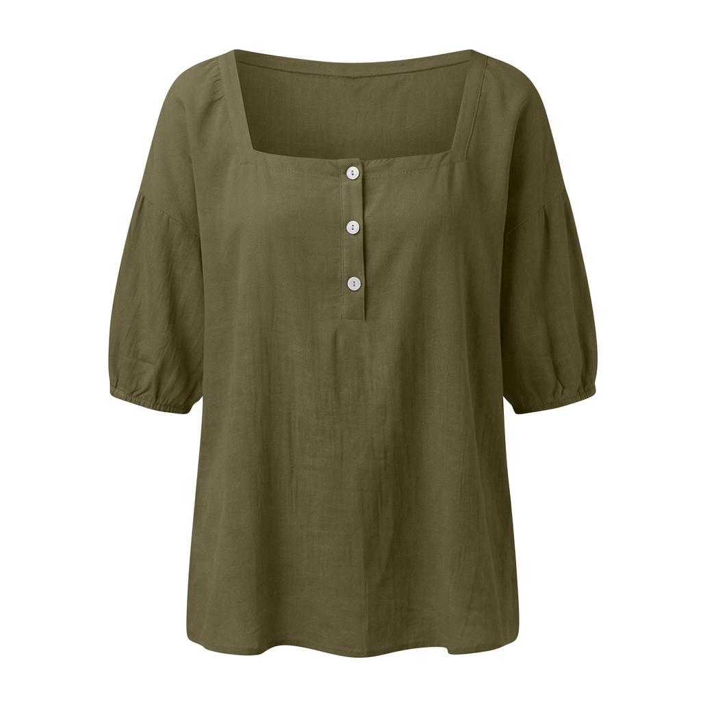 Damen Sommer Mode Farbe Quadratischer Kragen Knopf Fünf Viertel Ärmel Hemd Lässiger Pullover Top