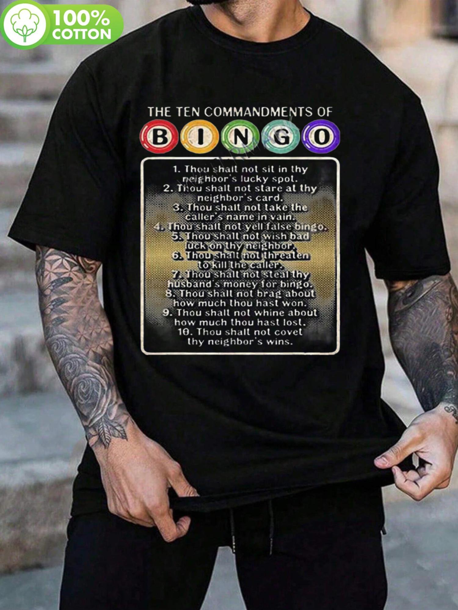 

Bingo Commandments T-shirt - Funny Black Short Sleeve Crewneck with Iconic Bingo Rules S