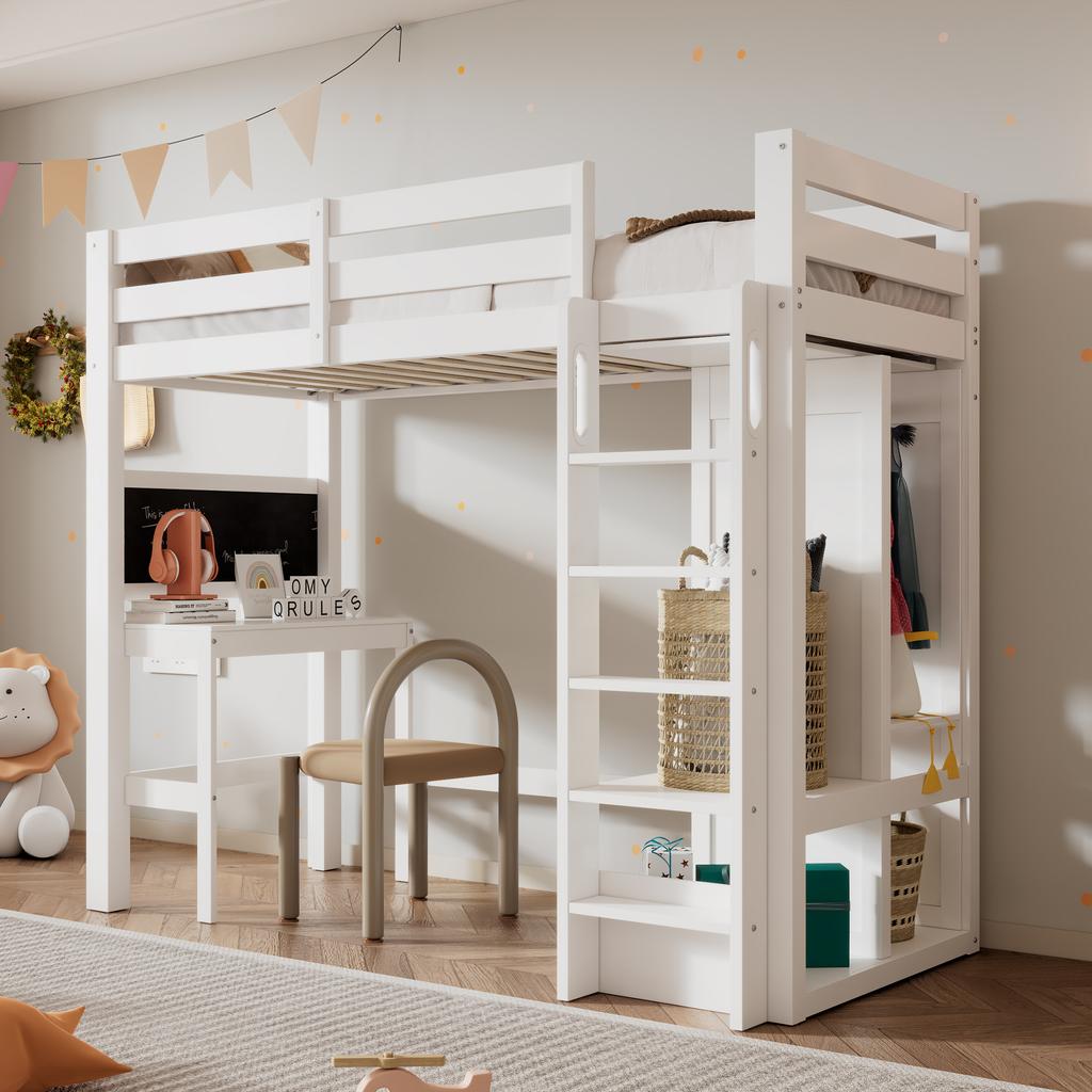 (=AB30624901W)Letto a soppalco per bambini, Scrivania, Armadio aperto e Scaffali, Struttura a doghe e Protezione anticaduta, Superficie di riposo 90x200cm, Bianco (senza materasso)