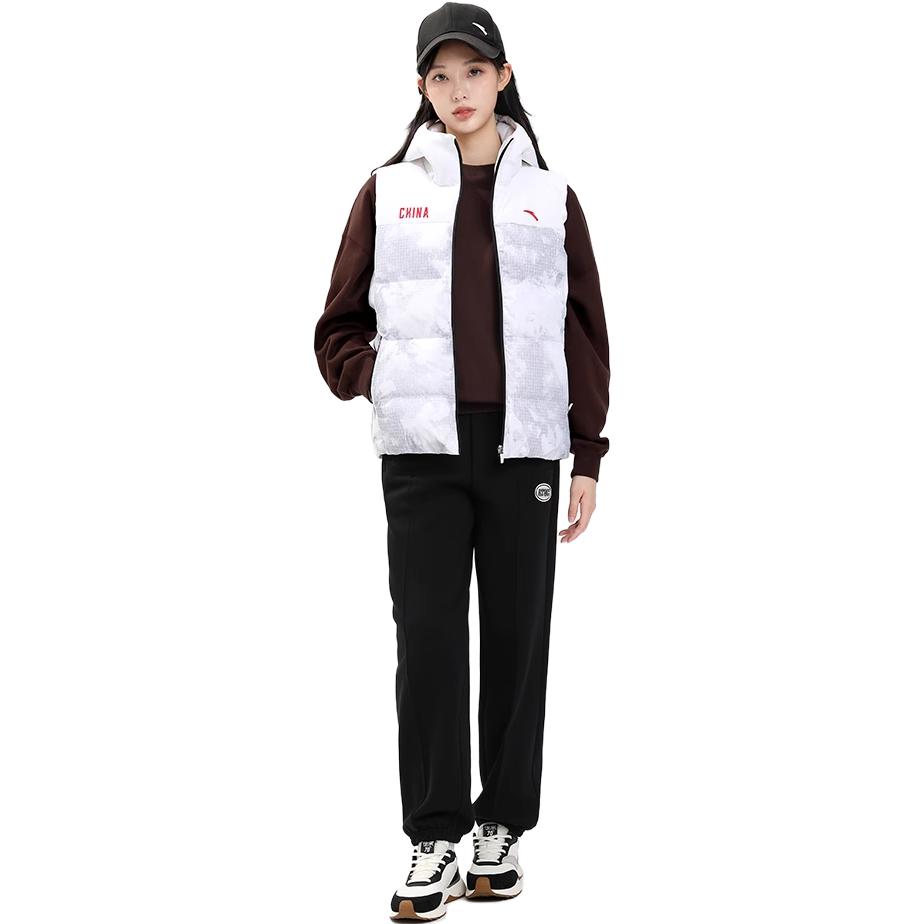 Anta All Over Print Zipper Hooded Sleeveless Down Vest Women Vests Snow-White 162347908-1