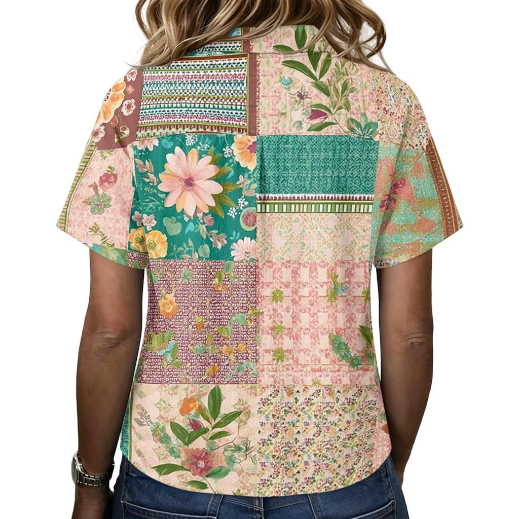 Women's Vintage Floral Print Button Down Shirt Short Sleeve Loose Fit Collared Top Made with Linen Blend Fabric Casual Summer Blouse