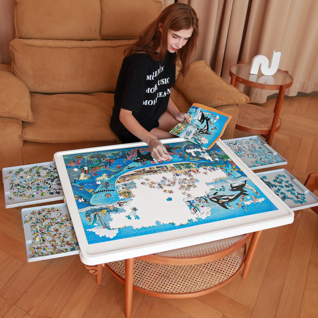1500pcs Rotating Puzzle Board - 4-Drawer 360° Spinner, Large ABS Puzzle Table Portable Lid & Easy-Clean Surface, Holiday Gift