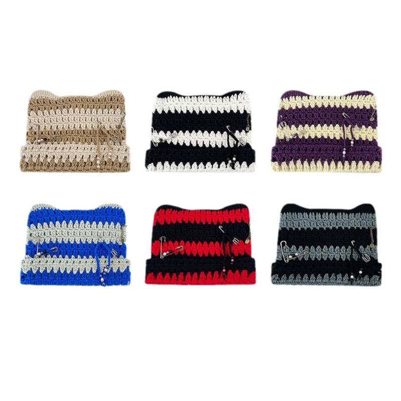 Y2K Devil Striped Knitted Hat Knitted Stripe Pattern Hat for Women Men Keep Ear Warm Hat with Paper Clip Decor