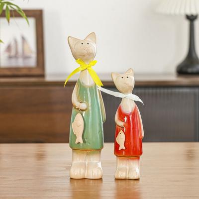 2pcs Creative Ceramic Cat Figurines Modern Cute Animal Art Statues Handicraft Miniatures Sculpture Car