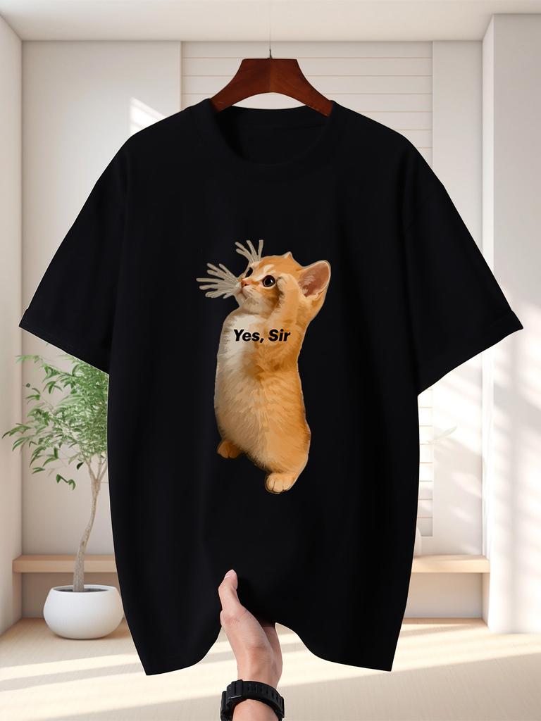 Unisex T Shirt Saluting Orange Cat Graphic Tee Funny Pet Print Short Sleeve O Neck Loose Casual Tops Summer Streetwear