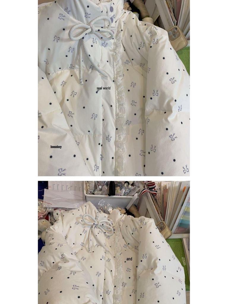 Women's Embroidered Bow Tie Stand Collar Lace Jacket – Winter Style, Warm Cotton Padded, Sweet Splicing Design