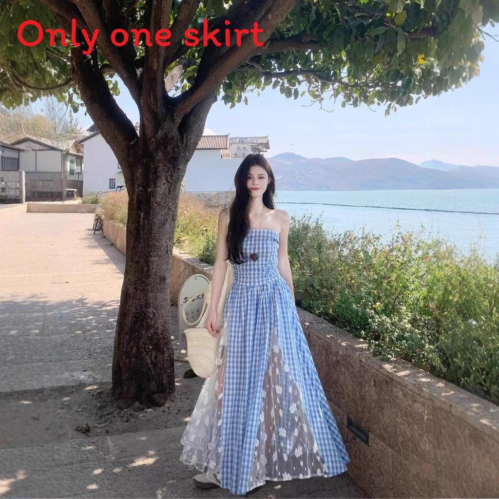 Small Fresh Plaid Lace Cami Dress With Wrapping Design For Summer Casual Wear