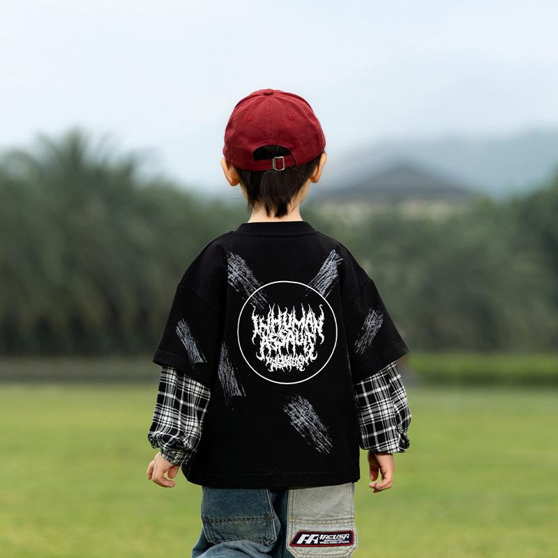 Nausicaa Spring 2025 Plaid Faux Two-Piece Letter T-Shirt for Boys – Trendy Korean Style